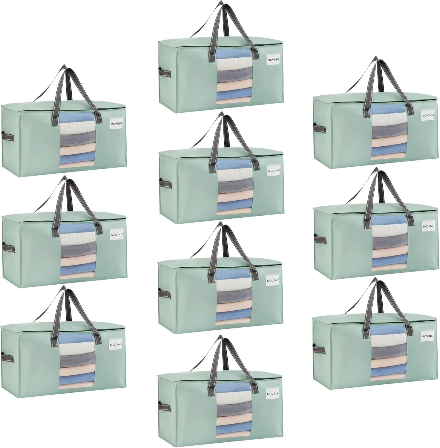VENO 10 Pack Moving Bags, Comforter and Blanket Storage Bags for Closet, Moving Boxes, Boxes with Lids Alternative, College Dorm Packing Supplies, Foldable Heavy-Duty Tote (Light Green Matte, 10 Pack)