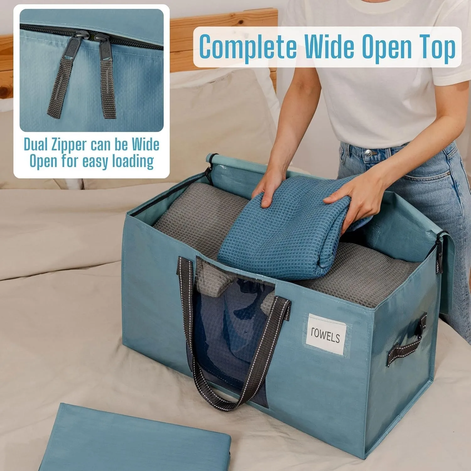 VENO 8 Pack Moving Bags, Comforter and Blanket Storage Bags for Closet, Moving Boxes, Boxes with Lids Alternative, College Dorm Packing Supplies, Foldable Heavy-Duty Tote (Shiny Light Blue, 8 Pack)