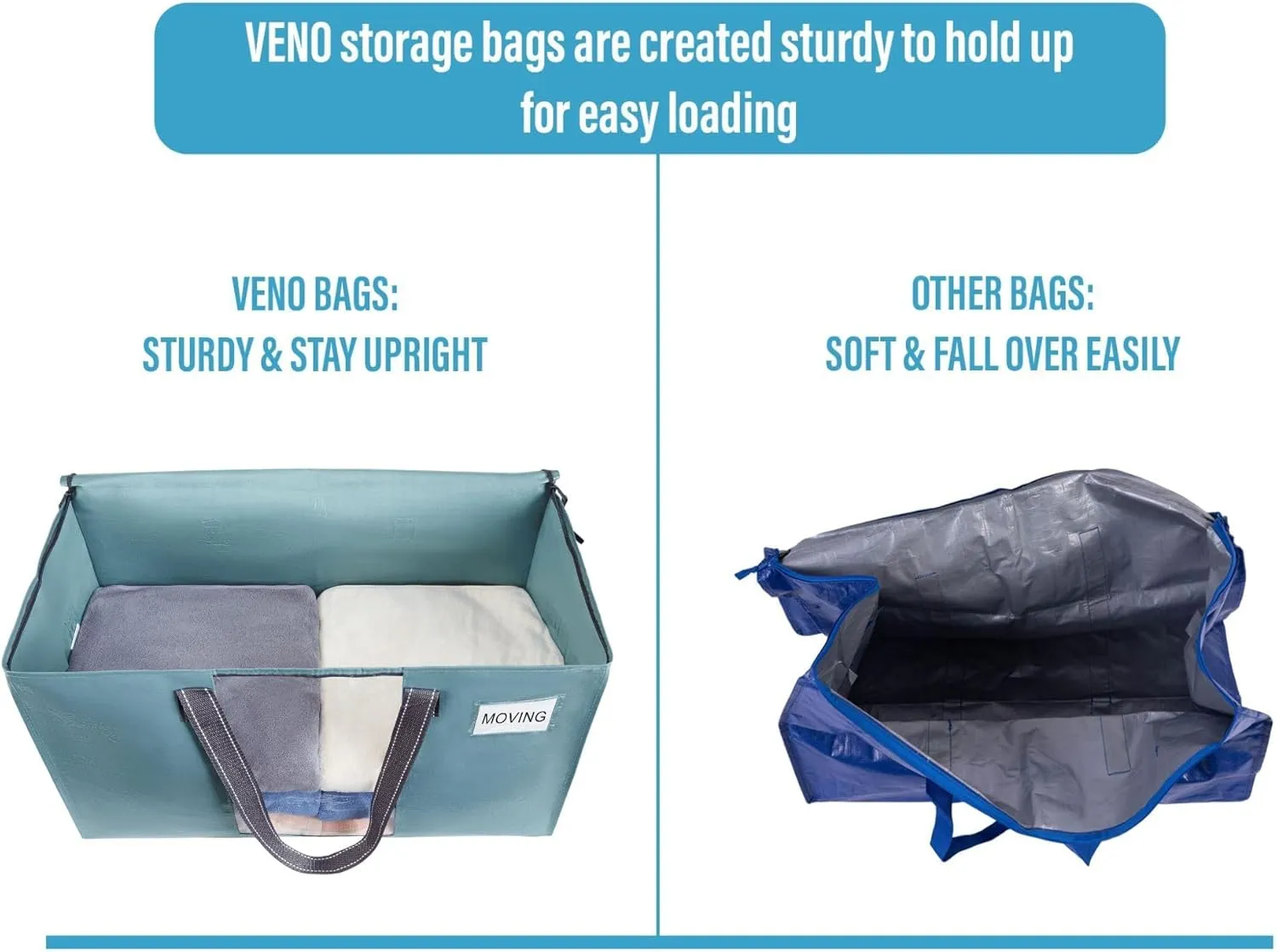 VENO 8 Pack Moving Bags, Comforter and Blanket Storage Bags for Closet, Moving Boxes, Boxes with Lids Alternative, College Dorm Packing Supplies, Foldable Heavy-Duty Tote (Shiny Light Blue, 8 Pack)
