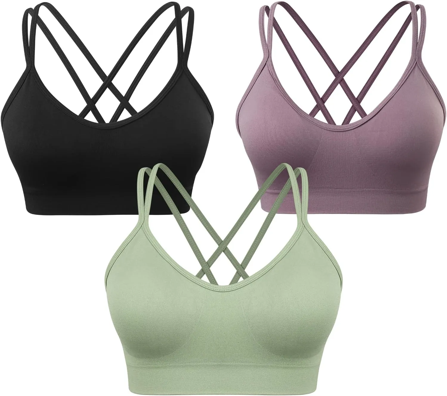 VEQKING Women's Cross Back Sports Bra Padded Strappy Medium Support Yoga Bra for Workout Fitness 3 Pack