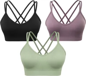 VEQKING Women's Cross Back Sports Bra Padded Strappy Medium Support Yoga Bra for Workout Fitness 3 Pack