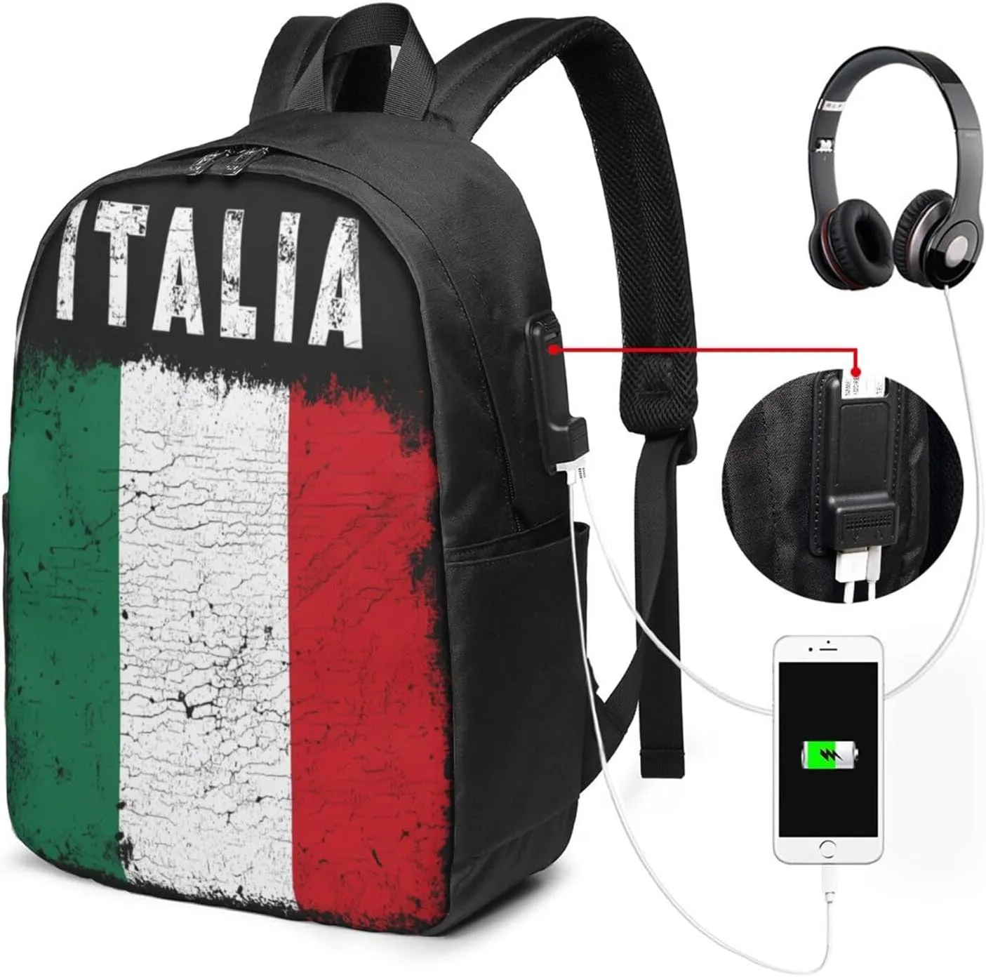 Vintage Italy Italia Italian Flag Laptop Backpacks Travel Backpack Casual Business Daypack Sport Rucksack Computer Bag Fits up to 17 Inch Notebook with USB Port