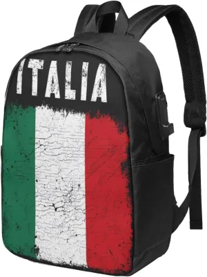 Vintage Italy Italia Italian Flag Laptop Backpacks Travel Backpack Casual Business Daypack Sport Rucksack Computer Bag Fits up to 17 Inch Notebook with USB Port