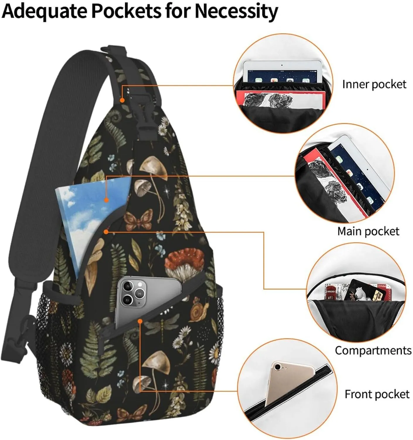 Vintage Magic Mushroom Sling Bag Crossbody Bag For Women Men Backpack Travel Hiking Shoulder Chest Bag Daypack Unisex