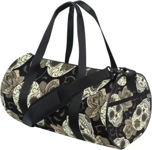 Vintage Retro Seamless Gothic Sugar Skulls with Roses, Roses Thorns Duffel Bag, Foldable Canvas Travel Tote for Gym Sports with Inner Pockets, Durable Lightweight Fitness Bag for Overnight Workout