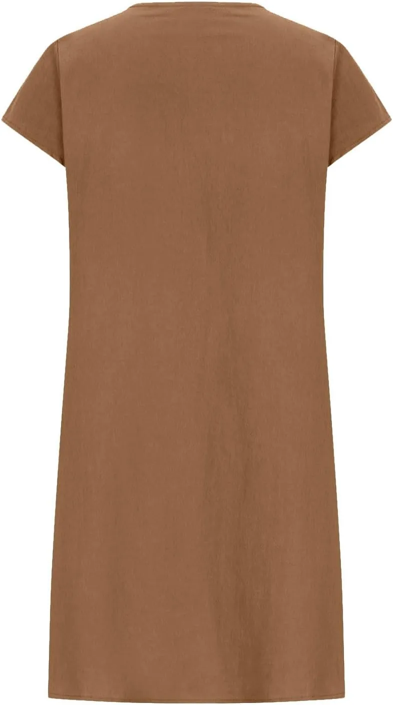 Vintage Summer Cotton Linen Dress for Women Casual Short Sleeve Ruched T Shirts Dress Loose Fit A-Line Beach Sundress