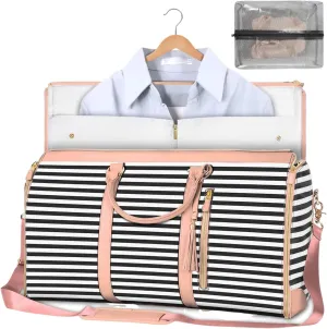 Viralhuntz Travel Bag, Large Capacity Unfoldable Duffle Bag, 2 in 1 Convertible Large PU Leather Waterproof Duffle Bag with Shoe Pouch (0528 black and pink stripes)