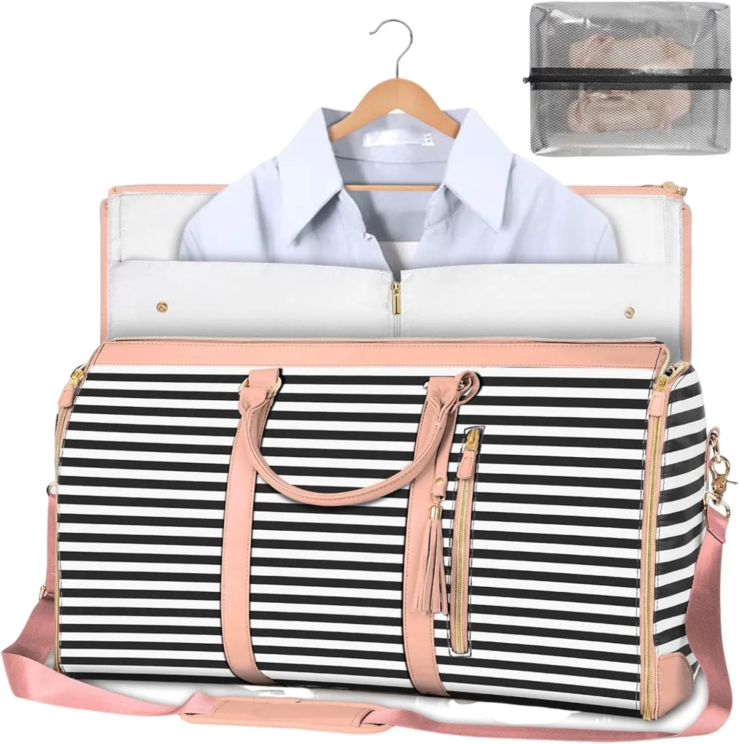 Viralhuntz Travel Bag, Large Capacity Unfoldable Duffle Bag, 2 in 1 Convertible Large PU Leather Waterproof Duffle Bag with Shoe Pouch (0528 black and pink stripes)
