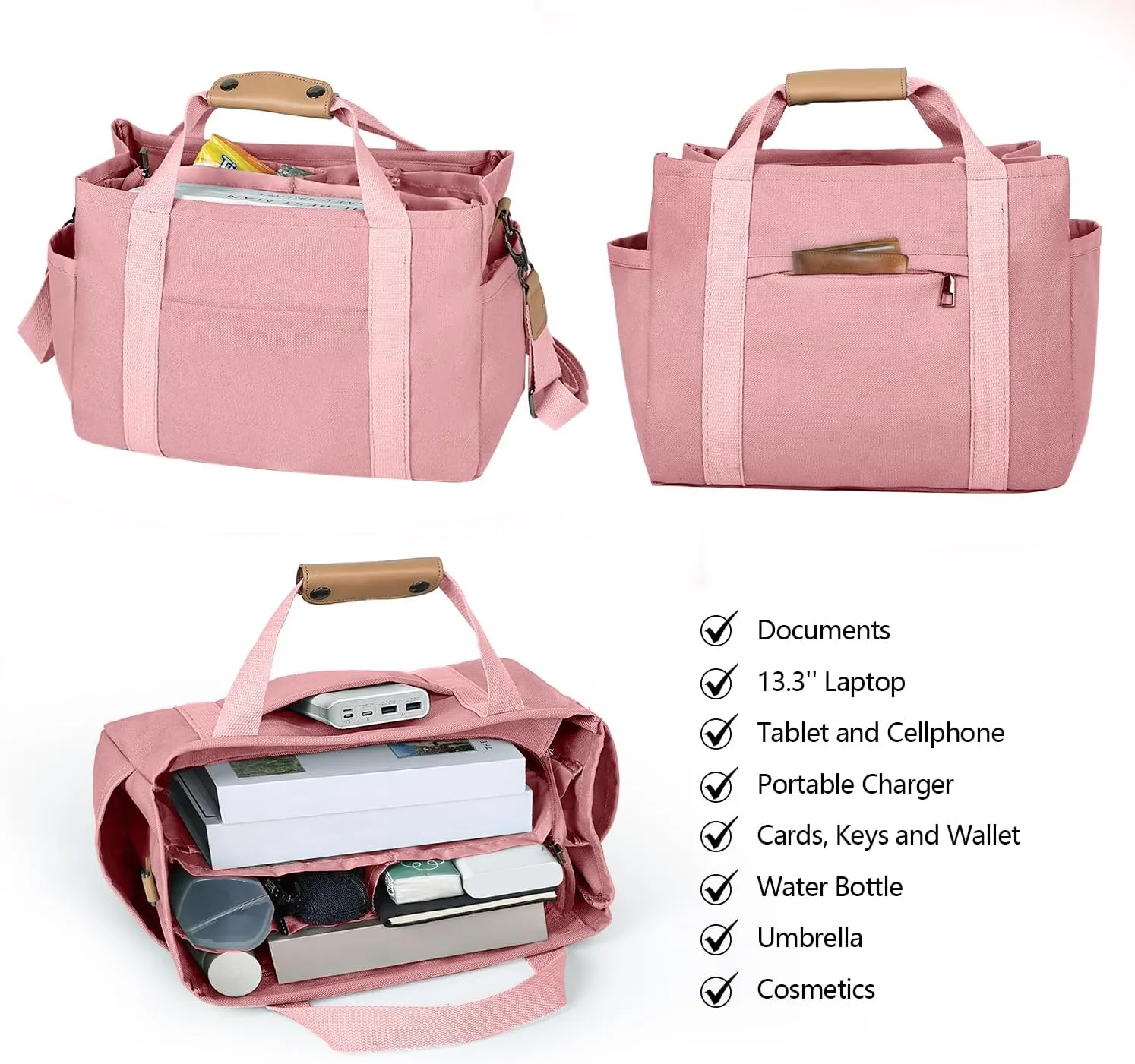 VIWIME Canvas Tote Bag for Women With Pockets, Cute Crossbody Shoulder Purses Mommy Handbag for Work Travel