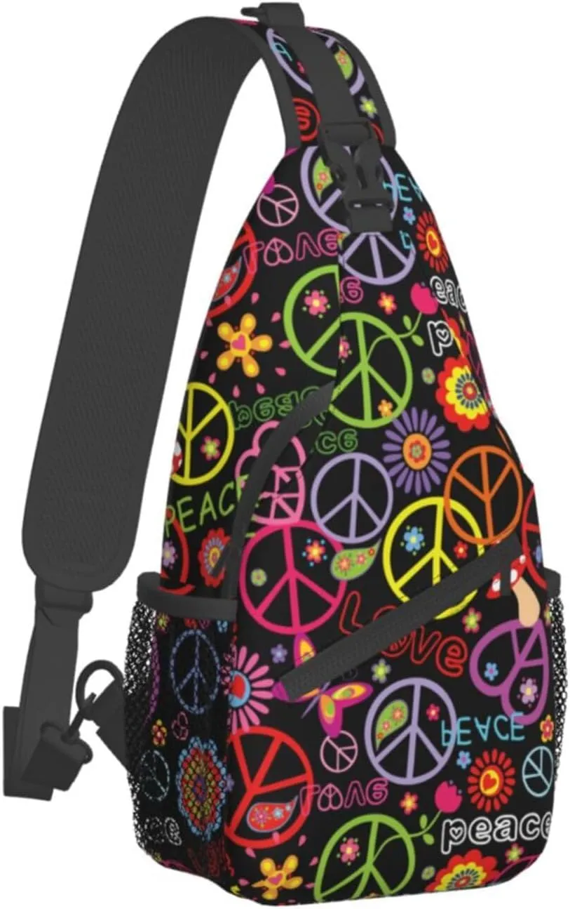 VOOHDDY Hippie Peace Sling Bag For Women Men Travel Hiking Backpack Crossbody Shoulder Chest Bags Casual Daypack Sport