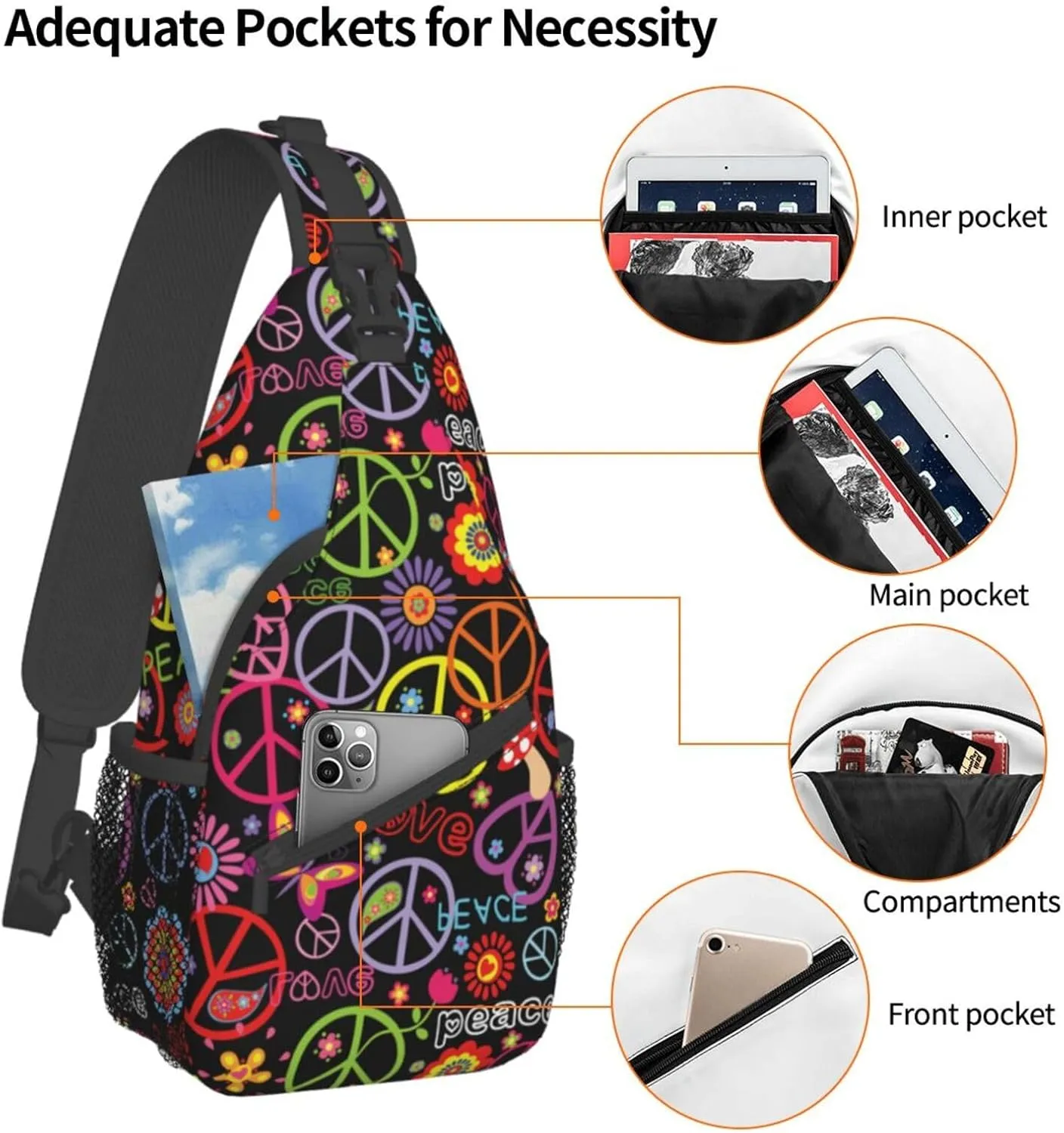 VOOHDDY Hippie Peace Sling Bag For Women Men Travel Hiking Backpack Crossbody Shoulder Chest Bags Casual Daypack Sport