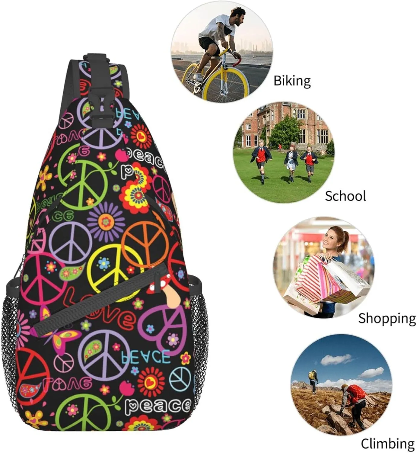 VOOHDDY Hippie Peace Sling Bag For Women Men Travel Hiking Backpack Crossbody Shoulder Chest Bags Casual Daypack Sport