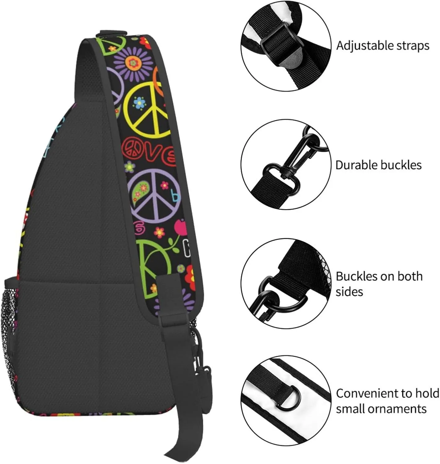 VOOHDDY Hippie Peace Sling Bag For Women Men Travel Hiking Backpack Crossbody Shoulder Chest Bags Casual Daypack Sport