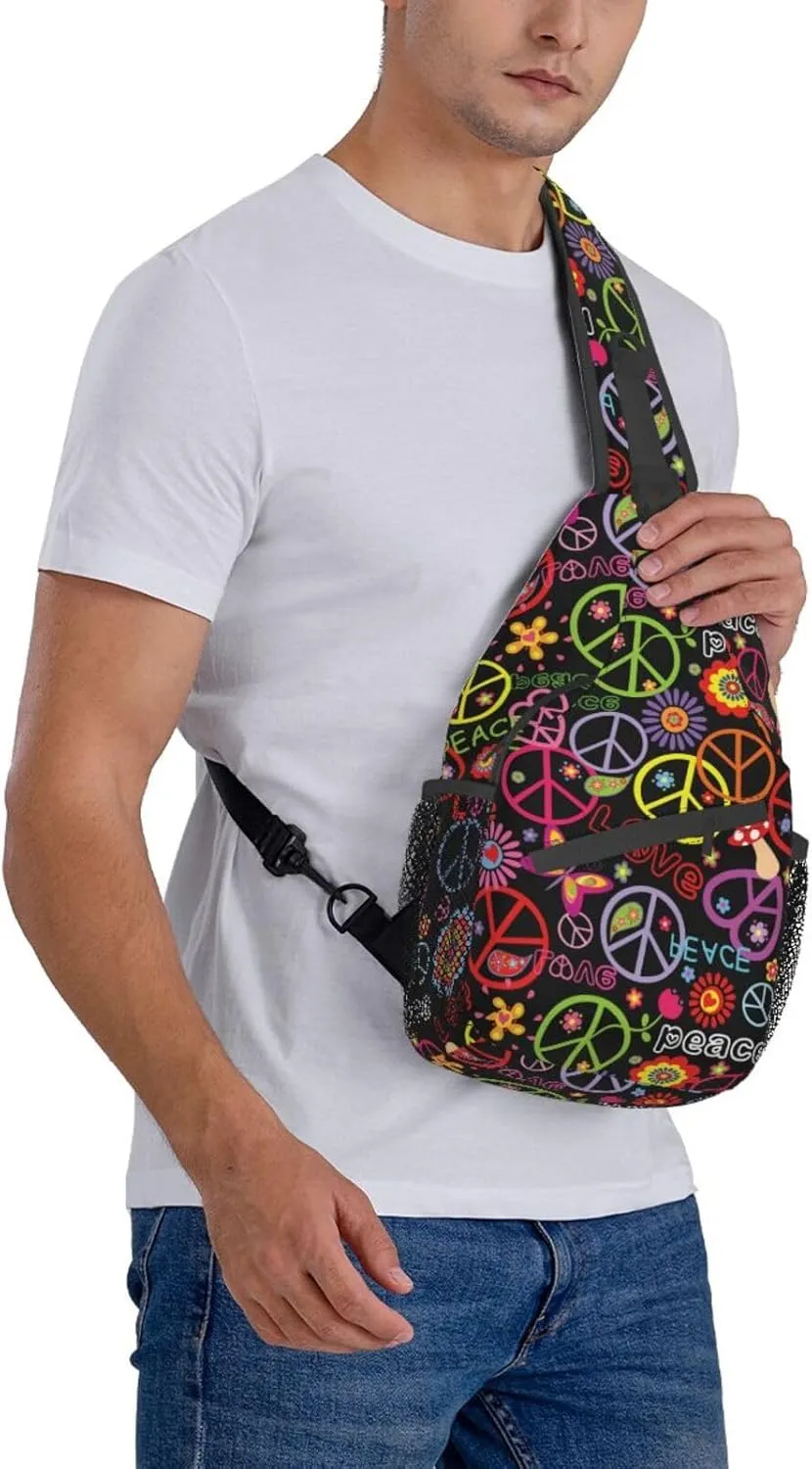 VOOHDDY Hippie Peace Sling Bag For Women Men Travel Hiking Backpack Crossbody Shoulder Chest Bags Casual Daypack Sport