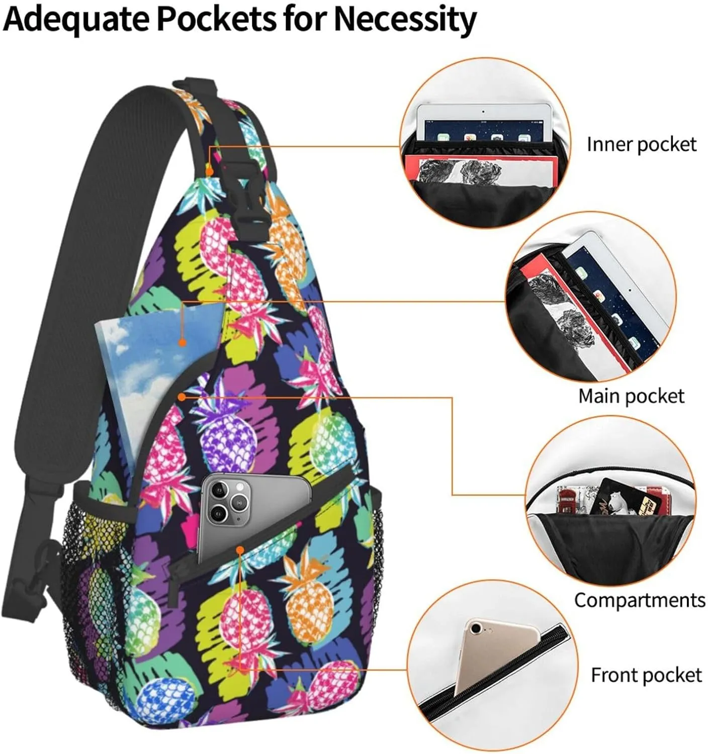 VOOHDDY Tropical Hawaiian Pineapple Colorful Sling Bag For Women Men Travel Hiking Backpack Crossbody Shoulder Chest Bags Casual Daypack Sport
