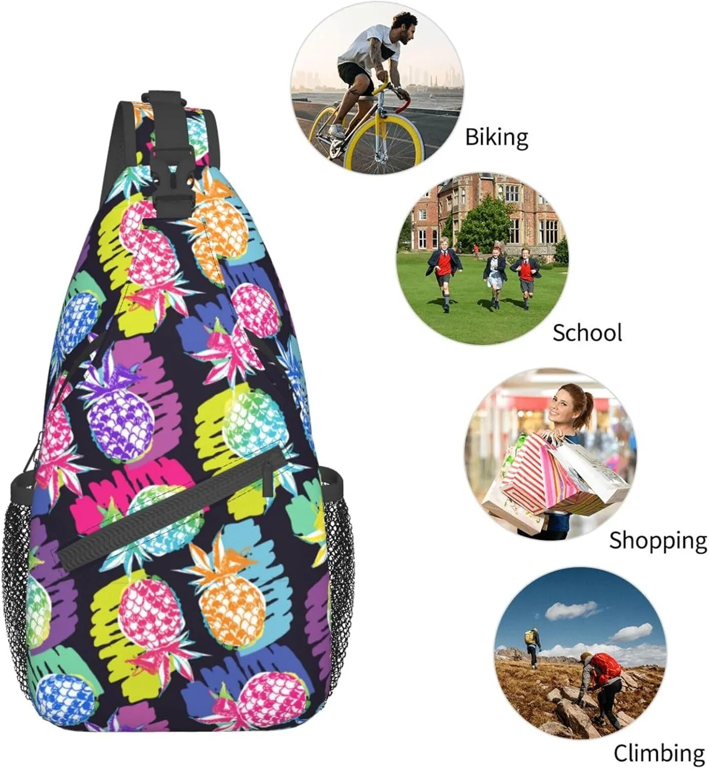 VOOHDDY Tropical Hawaiian Pineapple Colorful Sling Bag For Women Men Travel Hiking Backpack Crossbody Shoulder Chest Bags Casual Daypack Sport