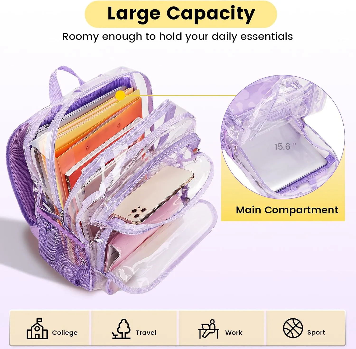 Vorspack Clear Backpack Heavy Duty - Large Clear Bookbag Transparent Backpacks See Through Backpack for College Work Travel Festival - Purple