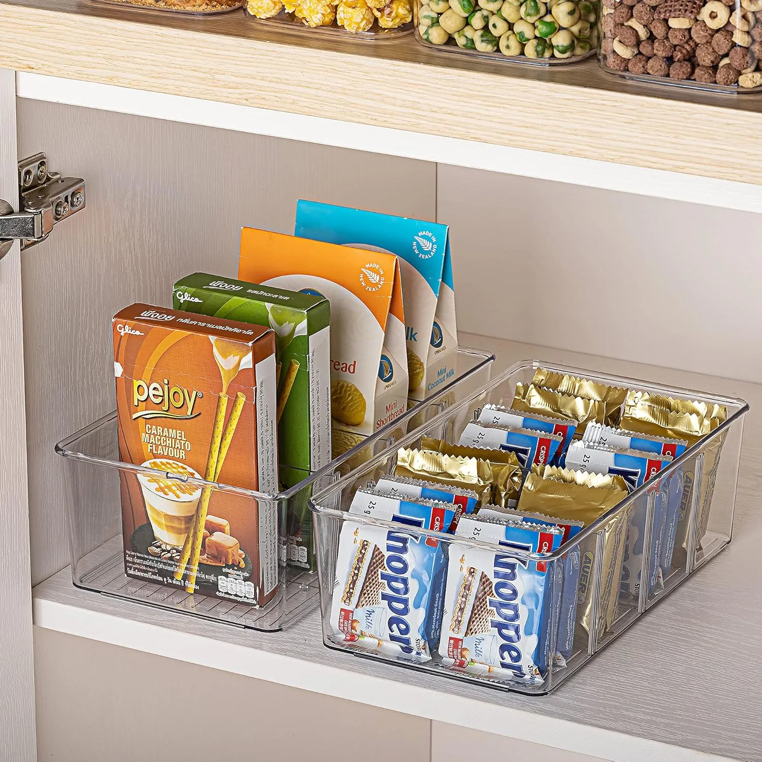 Vtopmart 2 Pack Food Storage Organizer Bins, Clear Plastic Container Boxes for Pantry, Kitchen, Fridge, Cabinet Organization, 4 Compartment Holder for Packets, Snacks, Pouches, Spice Packets