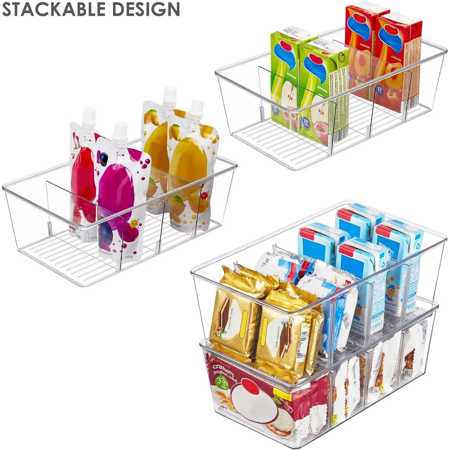 Vtopmart 2 Pack Food Storage Organizer Bins, Clear Plastic Container Boxes for Pantry, Kitchen, Fridge, Cabinet Organization, 4 Compartment Holder for Packets, Snacks, Pouches, Spice Packets