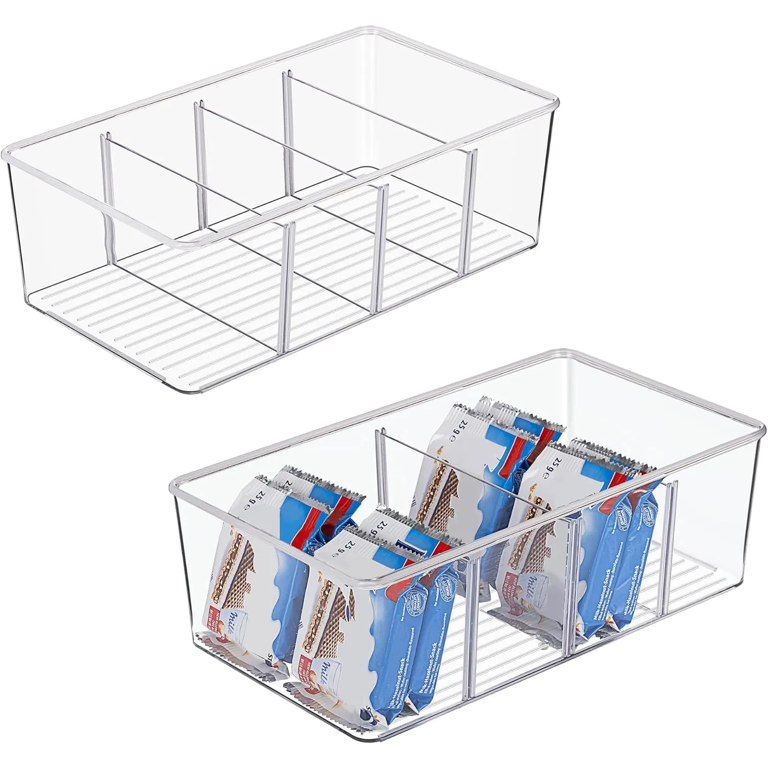 Vtopmart 2 Pack Food Storage Organizer Bins, Clear Plastic Container Boxes for Pantry, Kitchen, Fridge, Cabinet Organization, 4 Compartment Holder for Packets, Snacks, Pouches, Spice Packets