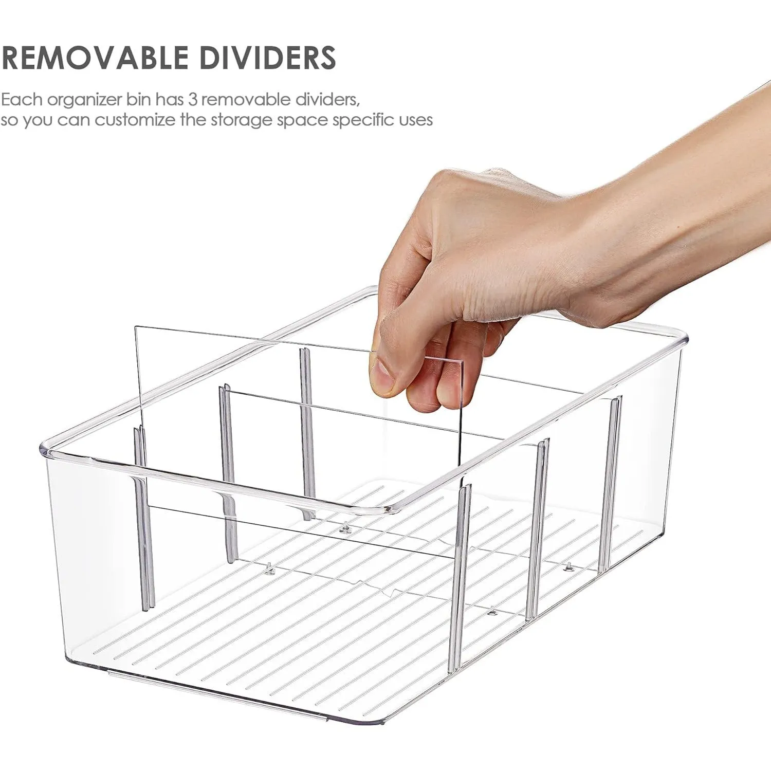 Vtopmart 2 Pack Food Storage Organizer Bins, Clear Plastic Container Boxes for Pantry, Kitchen, Fridge, Cabinet Organization, 4 Compartment Holder for Packets, Snacks, Pouches, Spice Packets
