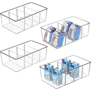 Vtopmart 2 Pack Food Storage Organizer Bins, Clear Plastic Container Boxes for Pantry, Kitchen, Fridge, Cabinet Organization, 4 Compartment Holder for Packets, Snacks, Pouches, Spice Packets