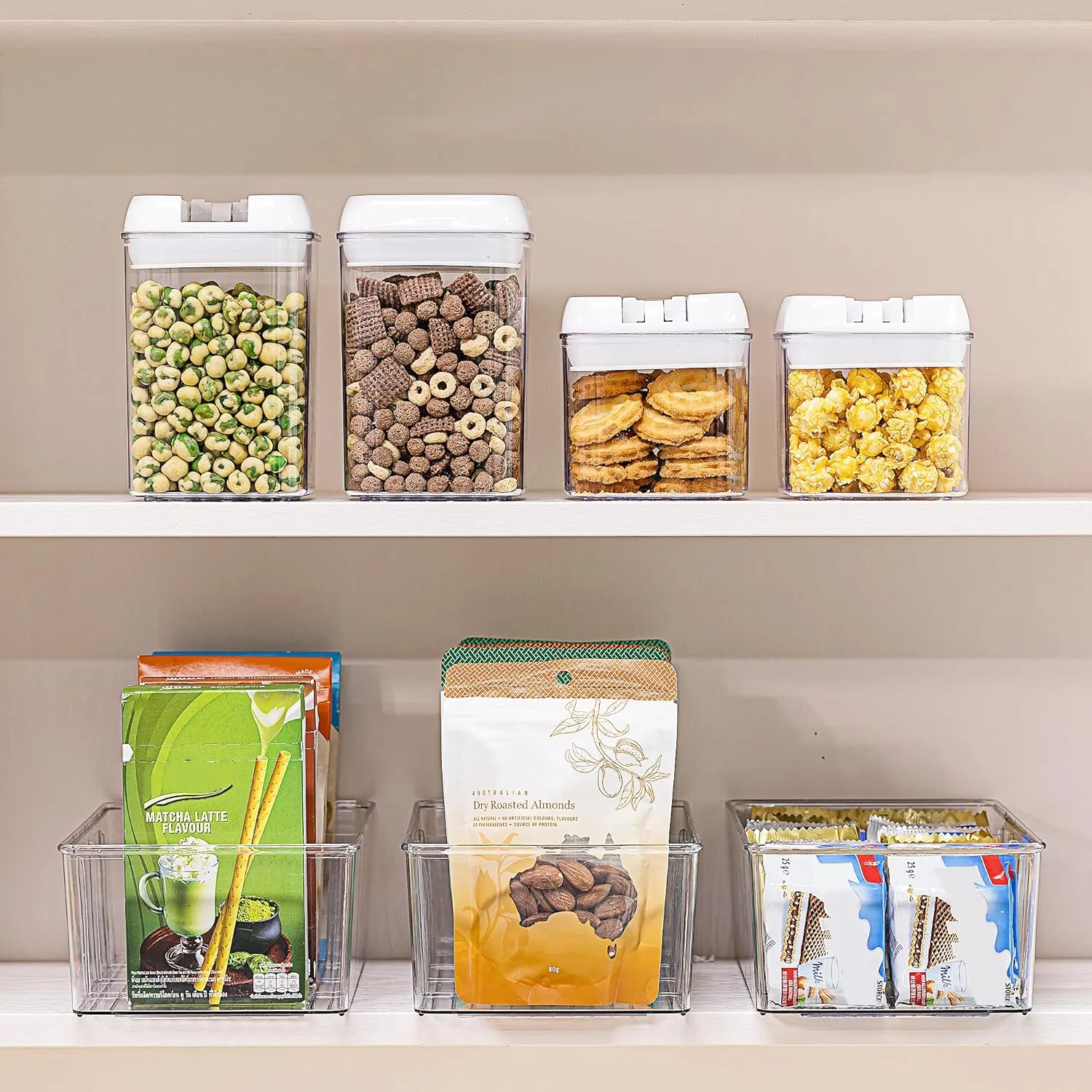 Vtopmart 2 Pack Food Storage Organizer Bins, Clear Plastic Container Boxes for Pantry, Kitchen, Fridge, Cabinet Organization, 4 Compartment Holder for Packets, Snacks, Pouches, Spice Packets