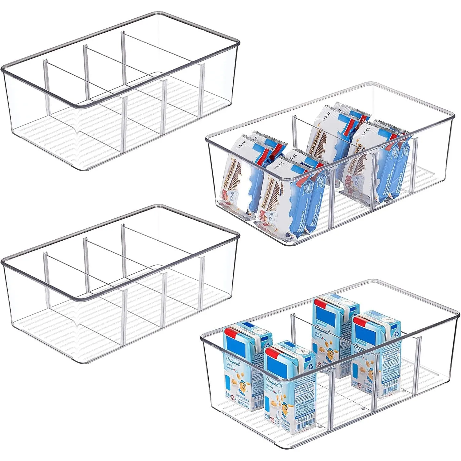 Vtopmart 2 Pack Food Storage Organizer Bins, Clear Plastic Container Boxes for Pantry, Kitchen, Fridge, Cabinet Organization, 4 Compartment Holder for Packets, Snacks, Pouches, Spice Packets