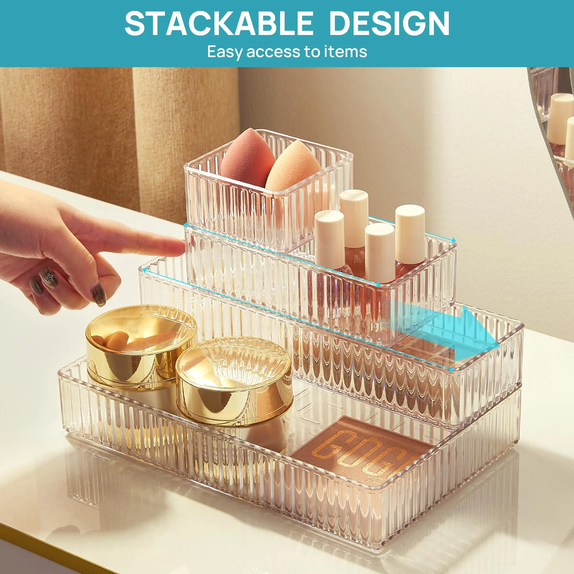 Vtopmart 7 PCS Clear Drawer Organizers Bins, 4-Size Stackable Makeup and Vanity Drawer Organizer Trays, Acrylic Bathroom Drawer Storage Containers for Cosmetic, Office Supply, Kitchen Utensils Gadgets