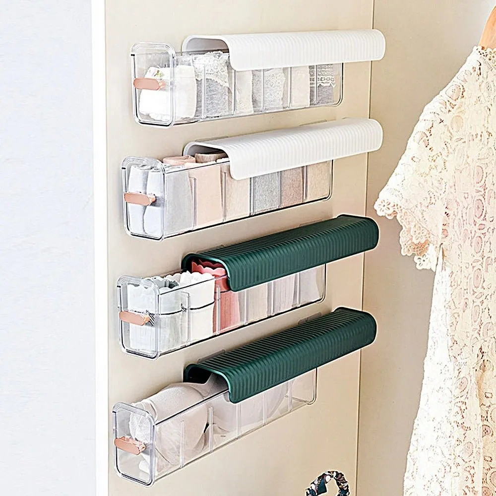 Wall Mounted Storage Box -  6 Cell Drawer Acrylic Organizers Self-Adhesive Anti Dust Storage Boxes for Clothes, Socks, Lingerie and Underwear