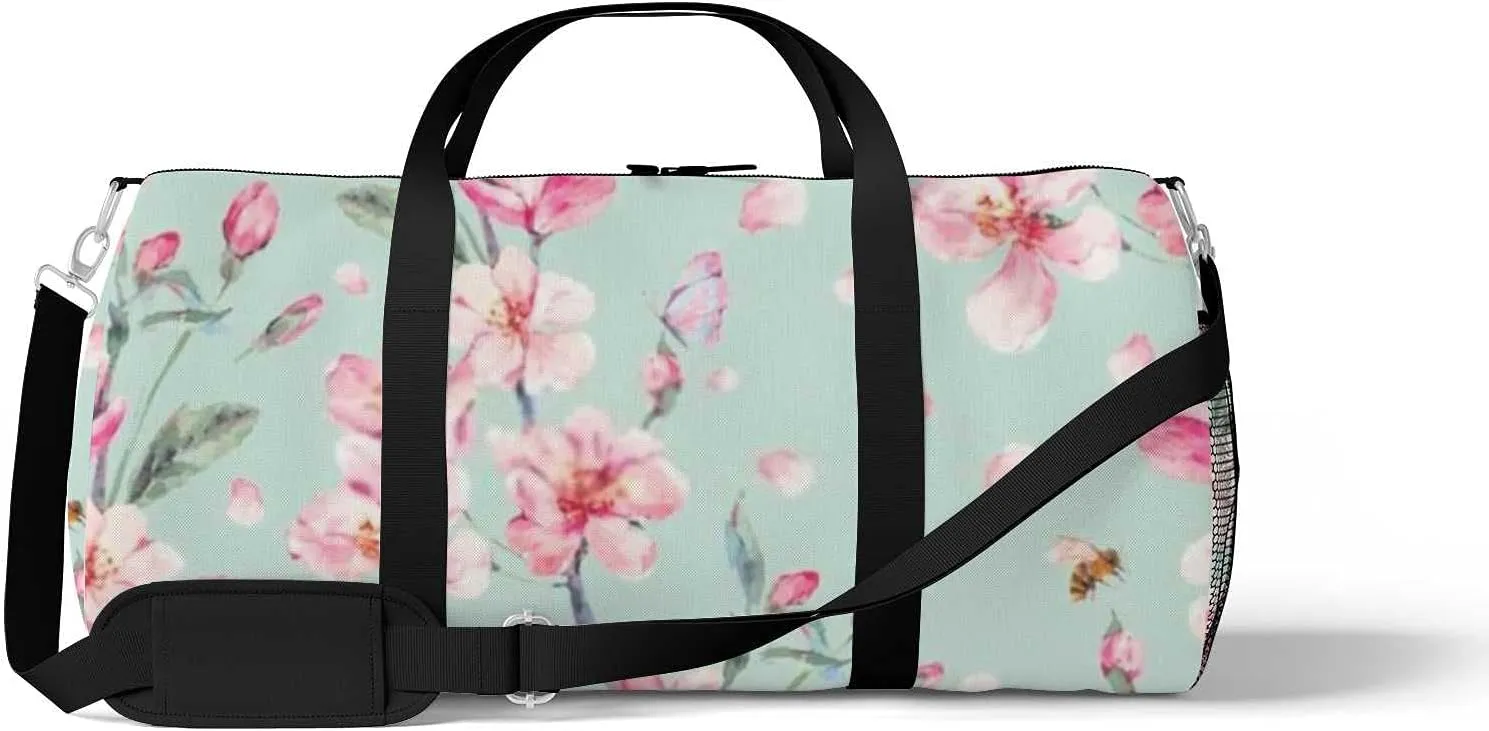 Watercolor Blooming Pink Cherry Petal Sports Duffel Bag Travel Gym Tote Bags Lightweight Durable Shoulder Strap Waterproof Polyester Outside Mesh Pocket Overnight Trip Duffel Bag for Women Men
