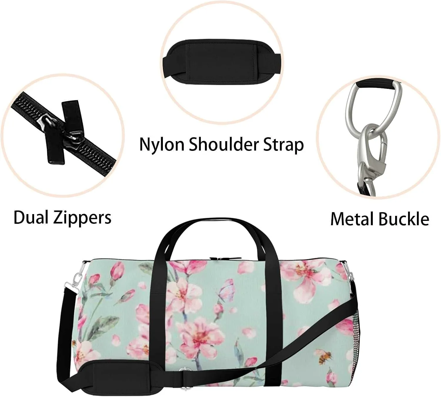 Watercolor Blooming Pink Cherry Petal Sports Duffel Bag Travel Gym Tote Bags Lightweight Durable Shoulder Strap Waterproof Polyester Outside Mesh Pocket Overnight Trip Duffel Bag for Women Men