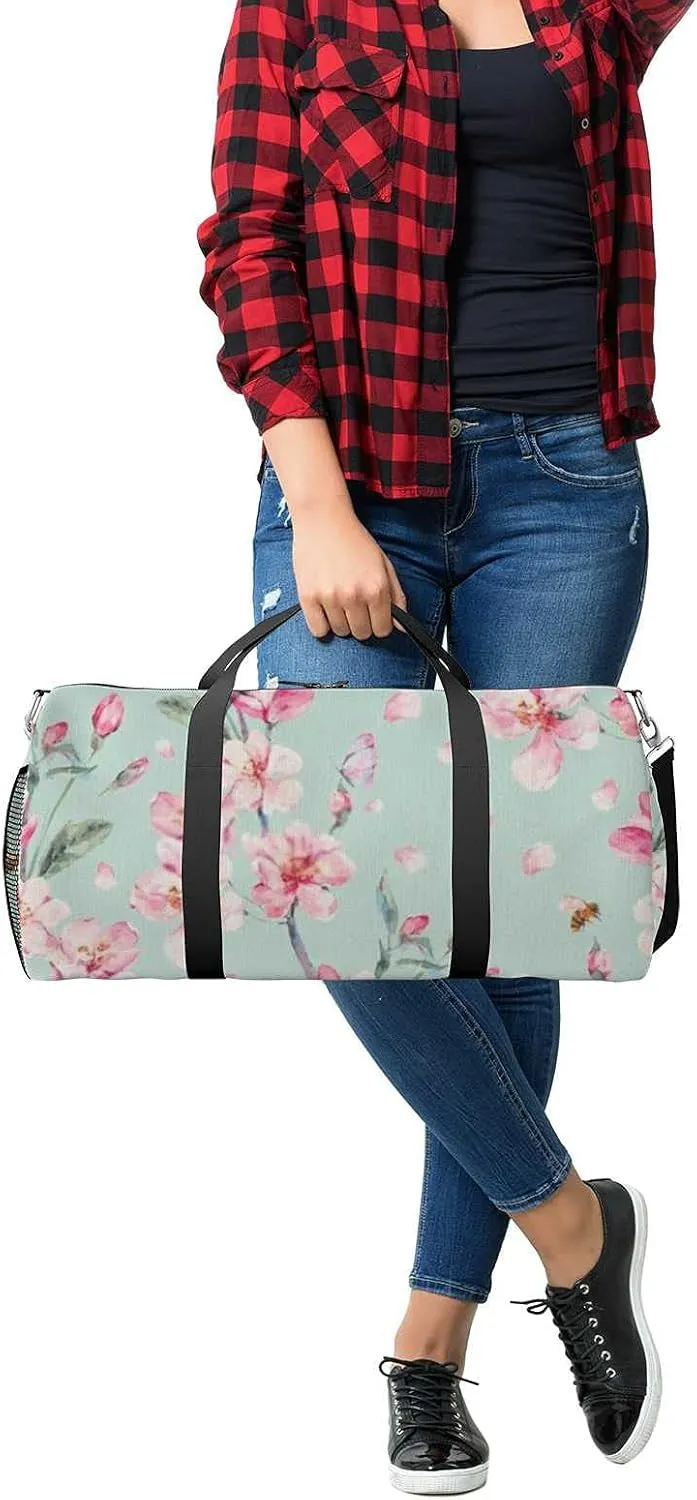 Watercolor Blooming Pink Cherry Petal Sports Duffel Bag Travel Gym Tote Bags Lightweight Durable Shoulder Strap Waterproof Polyester Outside Mesh Pocket Overnight Trip Duffel Bag for Women Men