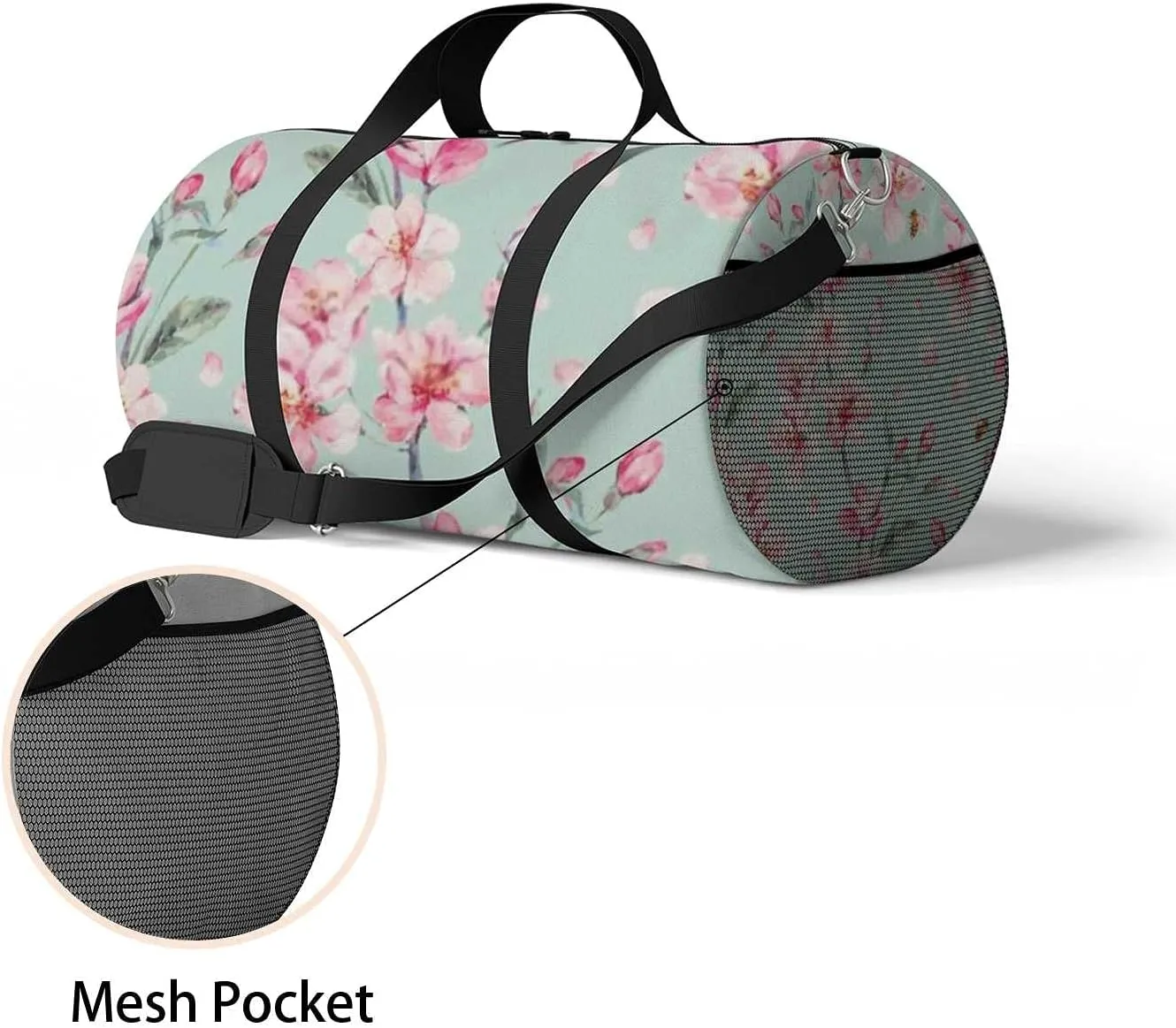 Watercolor Blooming Pink Cherry Petal Sports Duffel Bag Travel Gym Tote Bags Lightweight Durable Shoulder Strap Waterproof Polyester Outside Mesh Pocket Overnight Trip Duffel Bag for Women Men