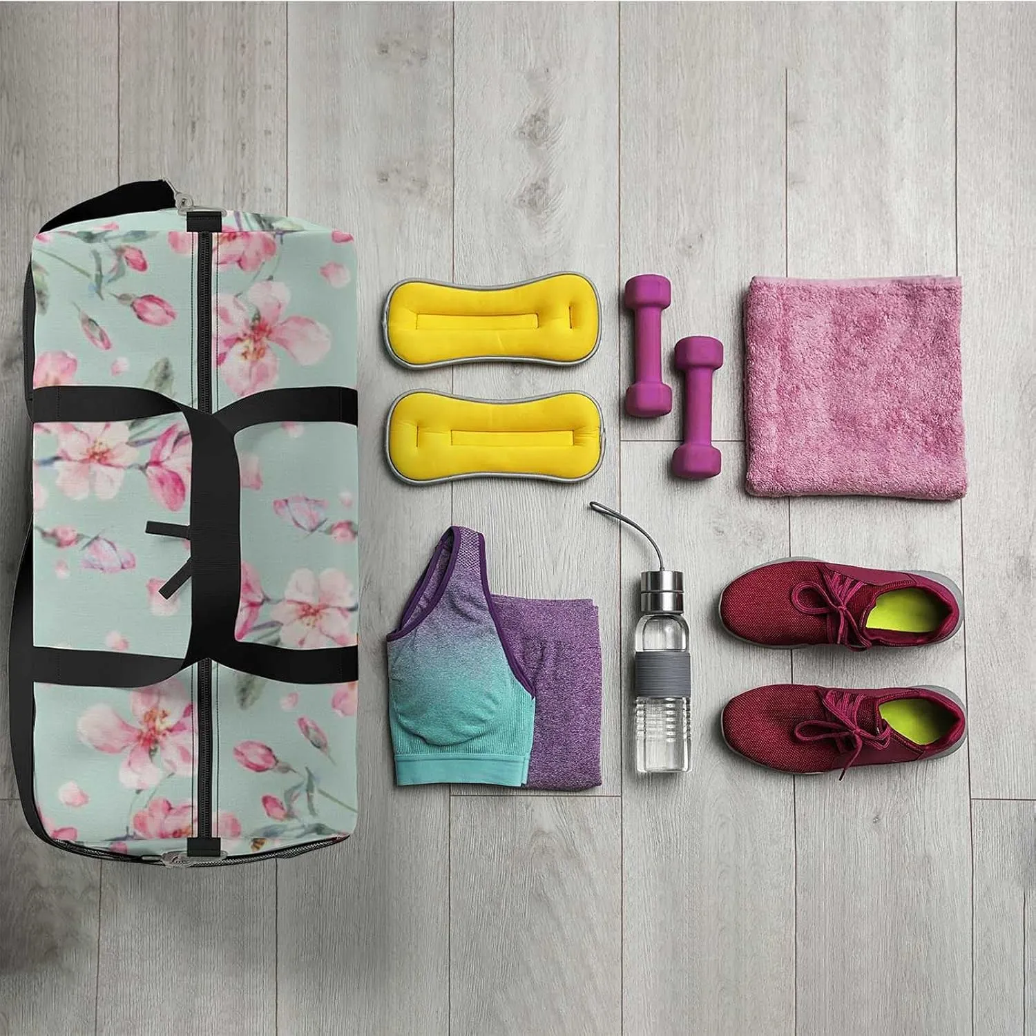 Watercolor Blooming Pink Cherry Petal Sports Duffel Bag Travel Gym Tote Bags Lightweight Durable Shoulder Strap Waterproof Polyester Outside Mesh Pocket Overnight Trip Duffel Bag for Women Men