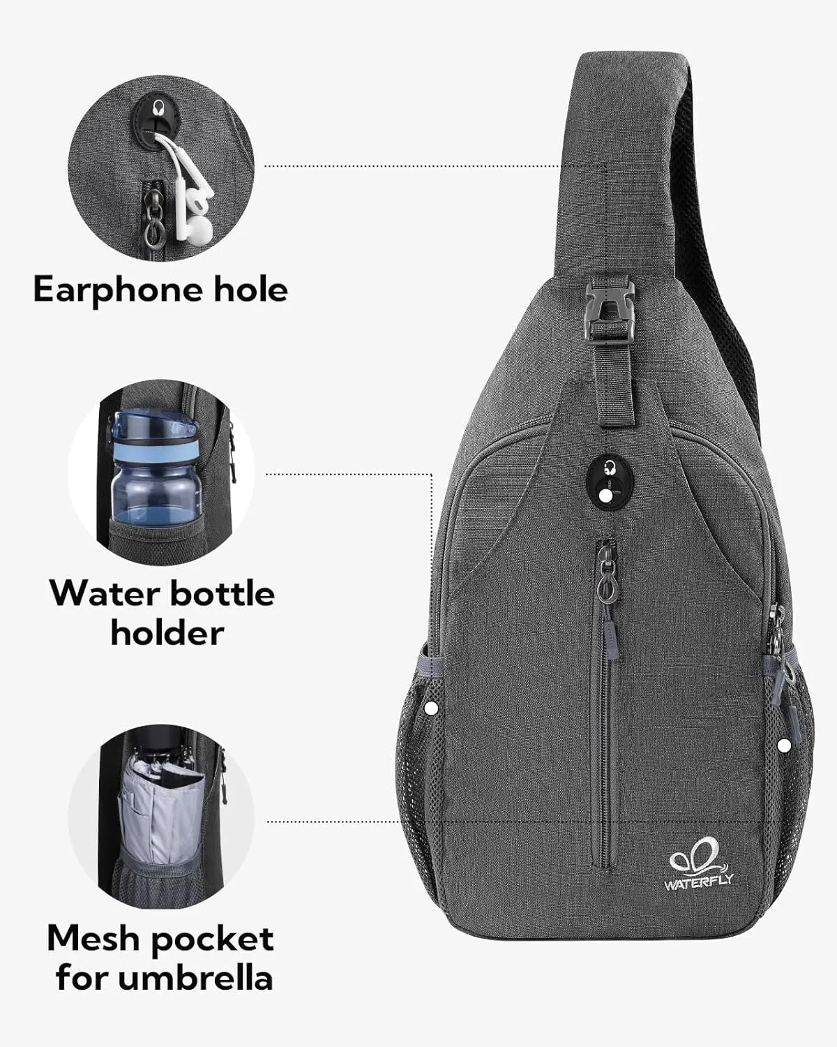 WATERFLY Crossbody Sling Backpack Sling Bag Travel Hiking Chest Bag Daypack