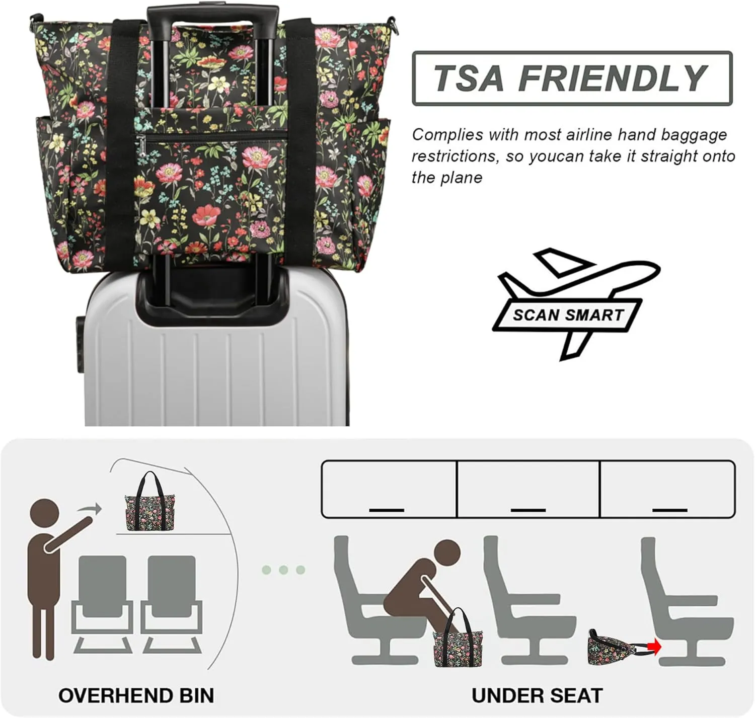 Waterproof Travel Duffle Bag for Women Weekender Overnight Carry On Crossbody Tote Bag Shoulder Bags with Laptop Compartment(Black Colorful Flowers)