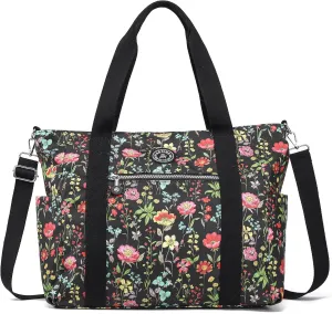 Waterproof Travel Duffle Bag for Women Weekender Overnight Carry On Crossbody Tote Bag Shoulder Bags with Laptop Compartment(Black Colorful Flowers)