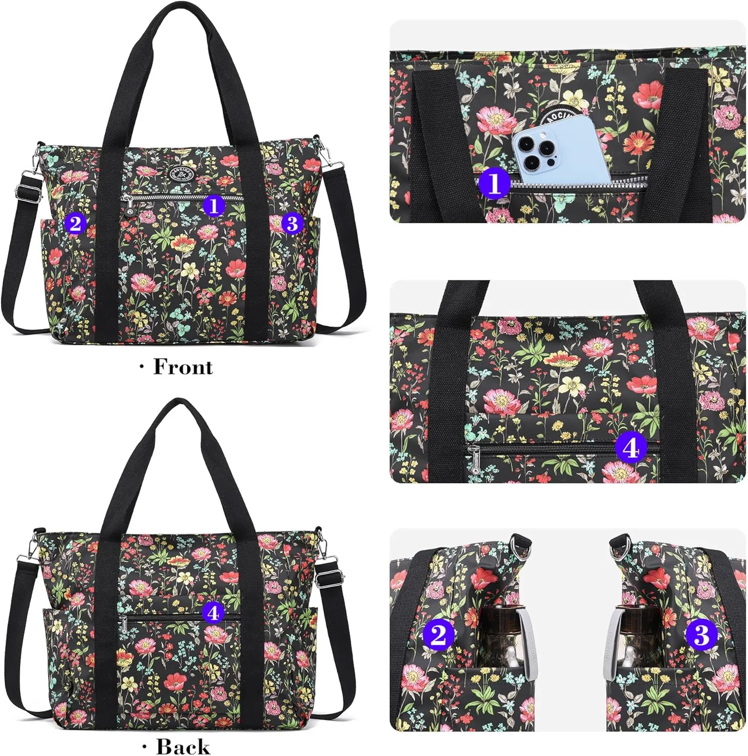 Waterproof Travel Duffle Bag for Women Weekender Overnight Carry On Crossbody Tote Bag Shoulder Bags with Laptop Compartment(Black Colorful Flowers)