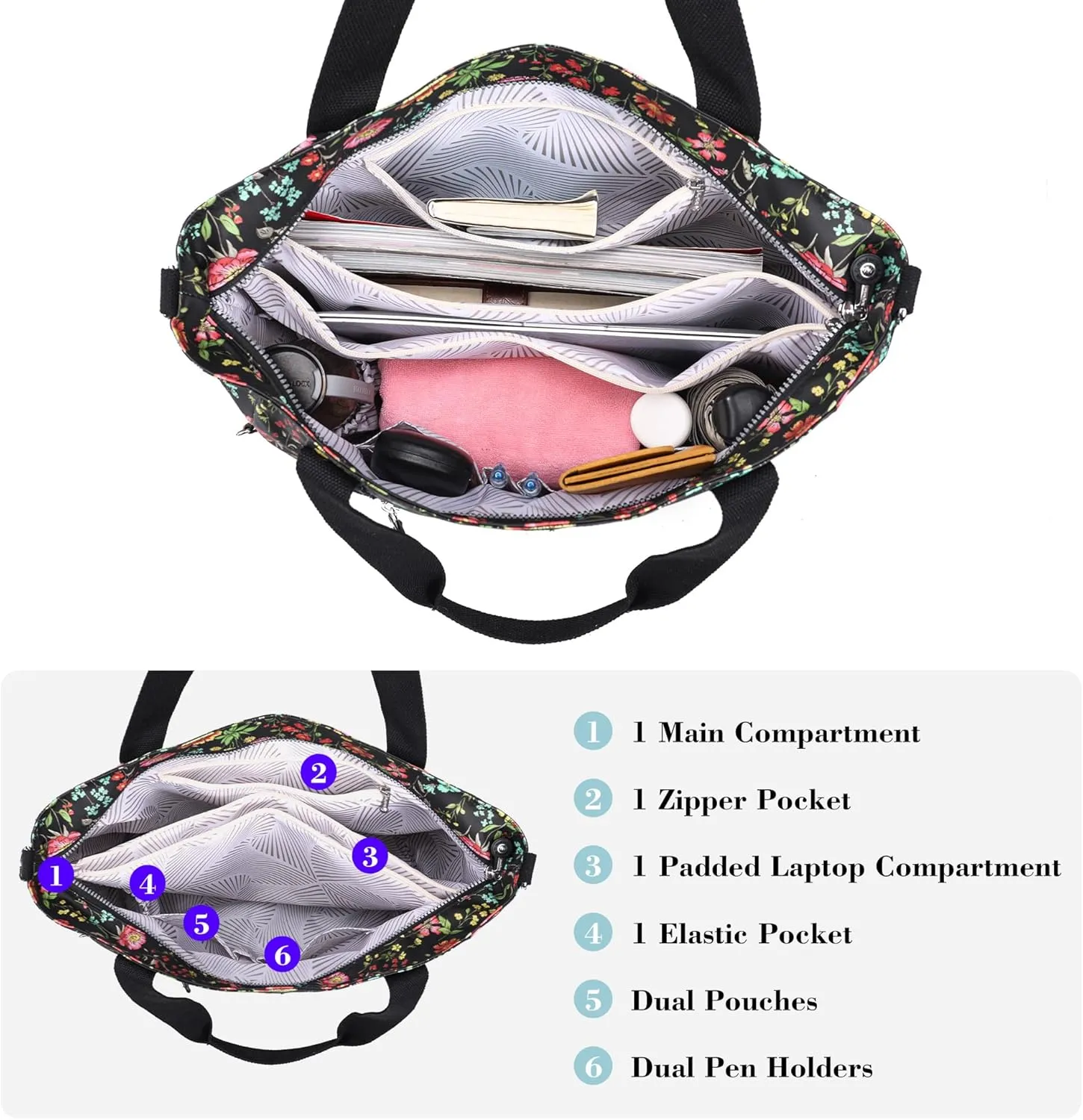 Waterproof Travel Duffle Bag for Women Weekender Overnight Carry On Crossbody Tote Bag Shoulder Bags with Laptop Compartment(Black Colorful Flowers)