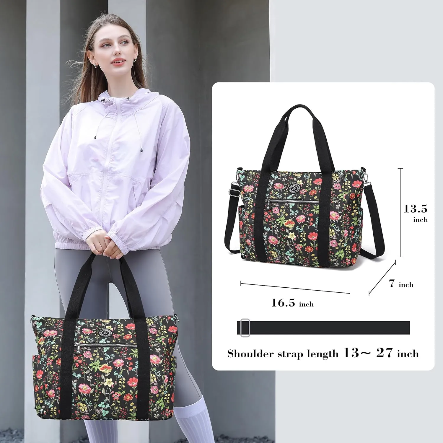 Waterproof Travel Duffle Bag for Women Weekender Overnight Carry On Crossbody Tote Bag Shoulder Bags with Laptop Compartment(Black Colorful Flowers)