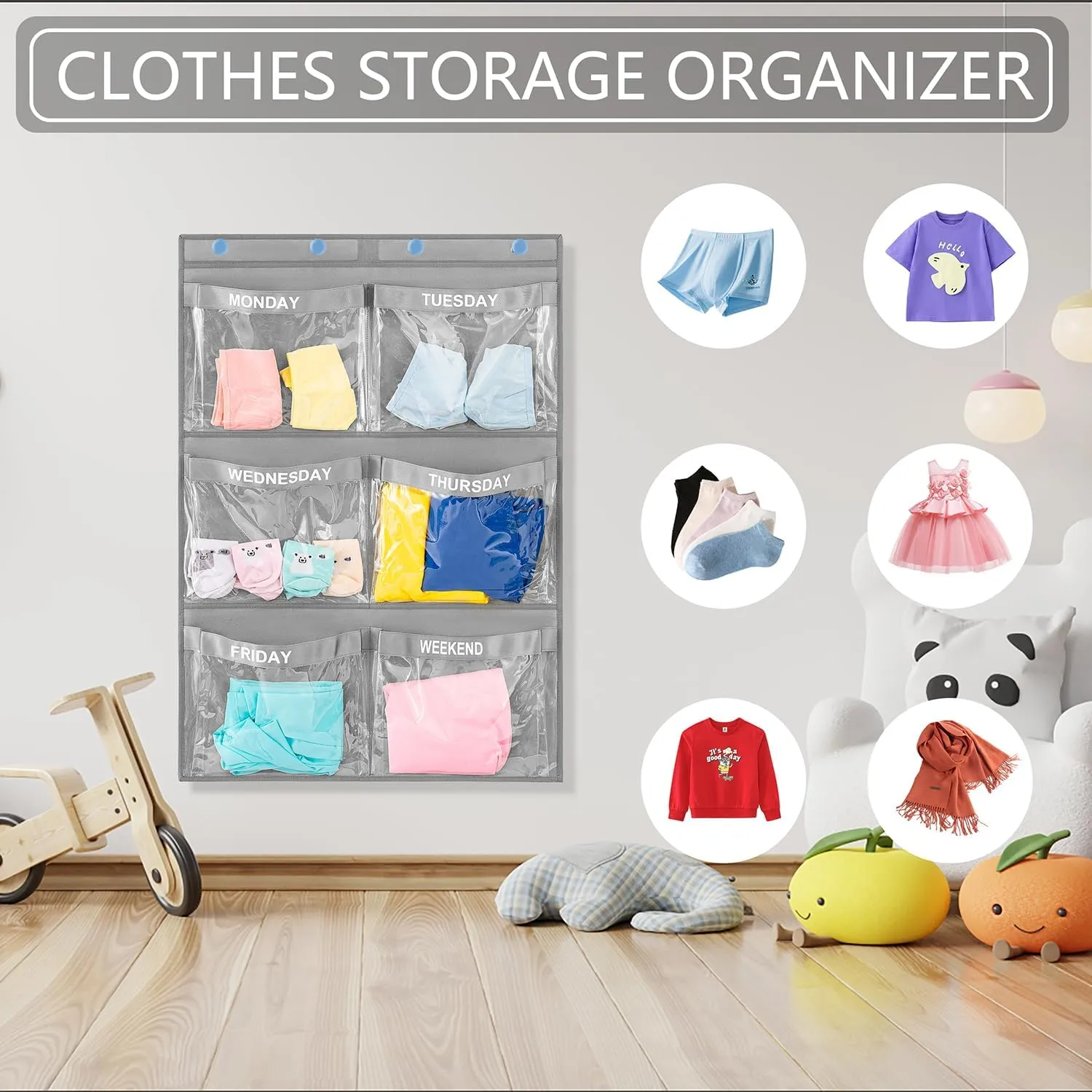 Weekly Clothes Organizer Day of Week School Clothing Storage Hanging Closet Organization for Kids Monday to Weekend (GREY)