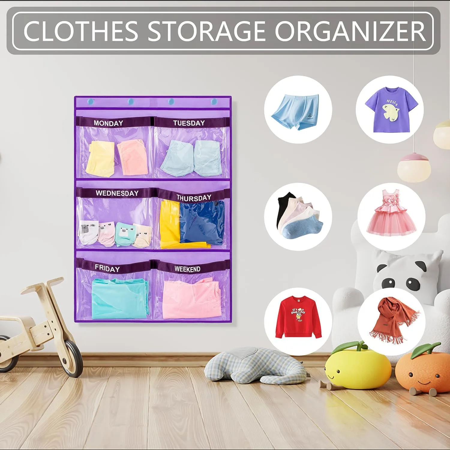 Weekly Clothes Organizer Day of Week School Clothing Storage Hanging Closet Organization for Kids Monday to Weekend (PURPLE)