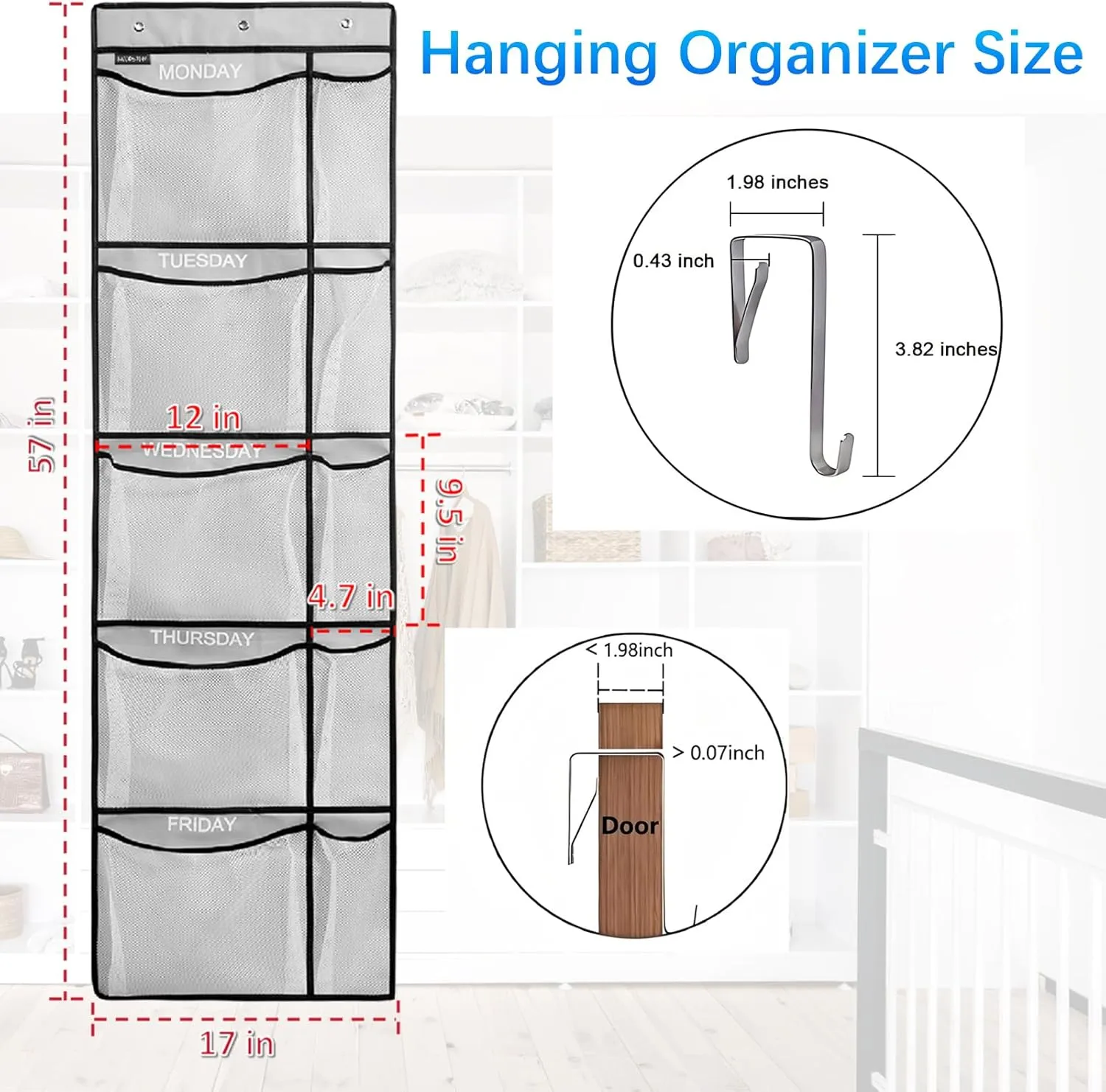 Weekly Kids Clothes Organizer - Day of Week School Clothing Organizer, Monday to Friday Time Save, No Odour, 5-Shelf Hanging Closet Storage (Grey)