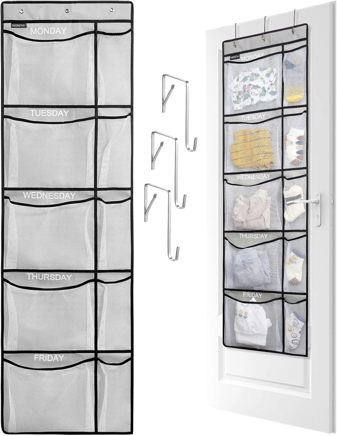 Weekly Kids Clothes Organizer - Day of Week School Clothing Organizer, Monday to Friday Time Save, No Odour, 5-Shelf Hanging Closet Storage (Grey)