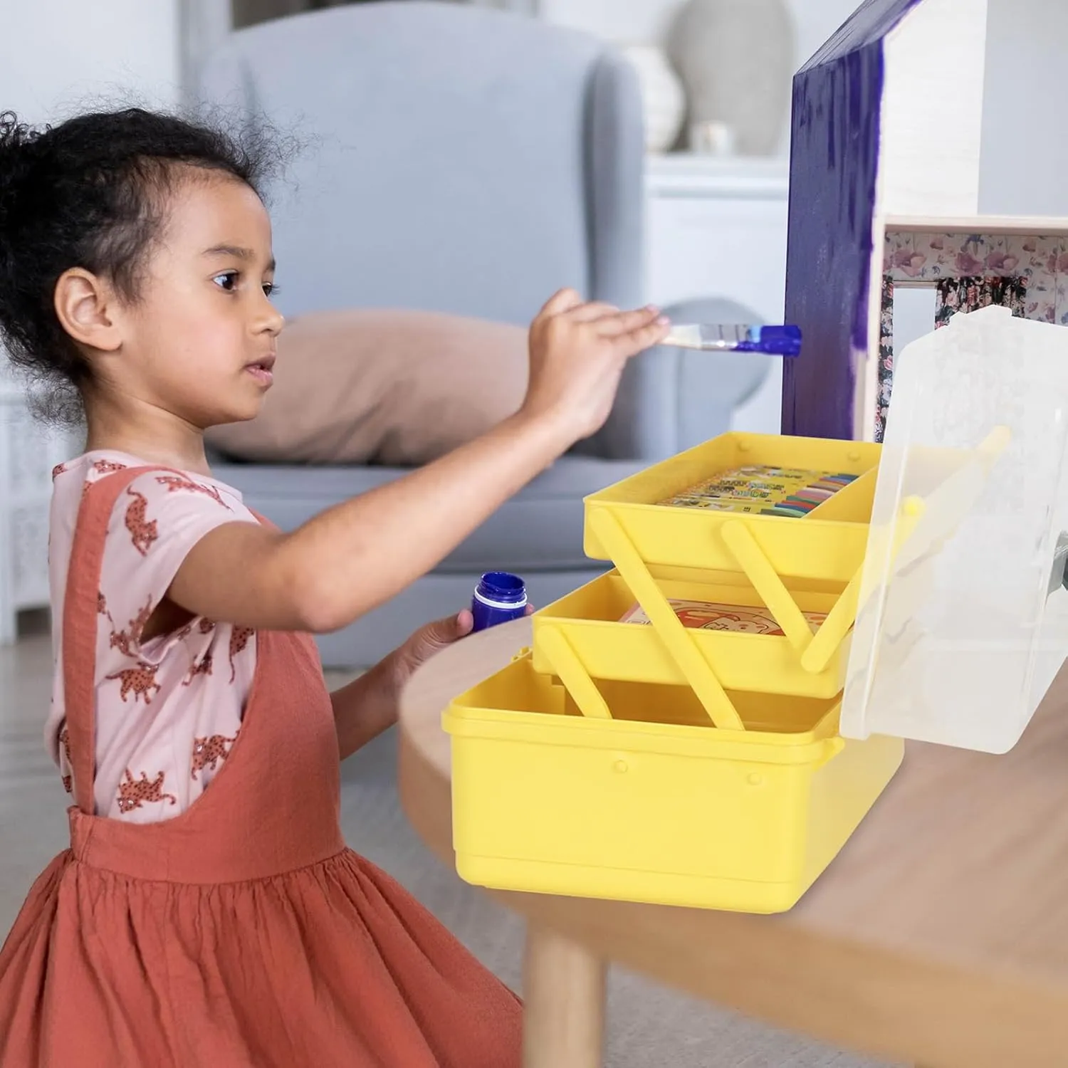 WEWLINE 13-Inch Art Box Sewing Storage Organizer 3-Layers Craft Storage Organizer with Handle Plastic Storage Boxes Organizers for Kids Student Artist,Yellow