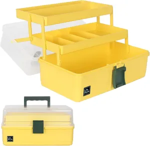 WEWLINE 13-Inch Art Box Sewing Storage Organizer 3-Layers Craft Storage Organizer with Handle Plastic Storage Boxes Organizers for Kids Student Artist,Yellow