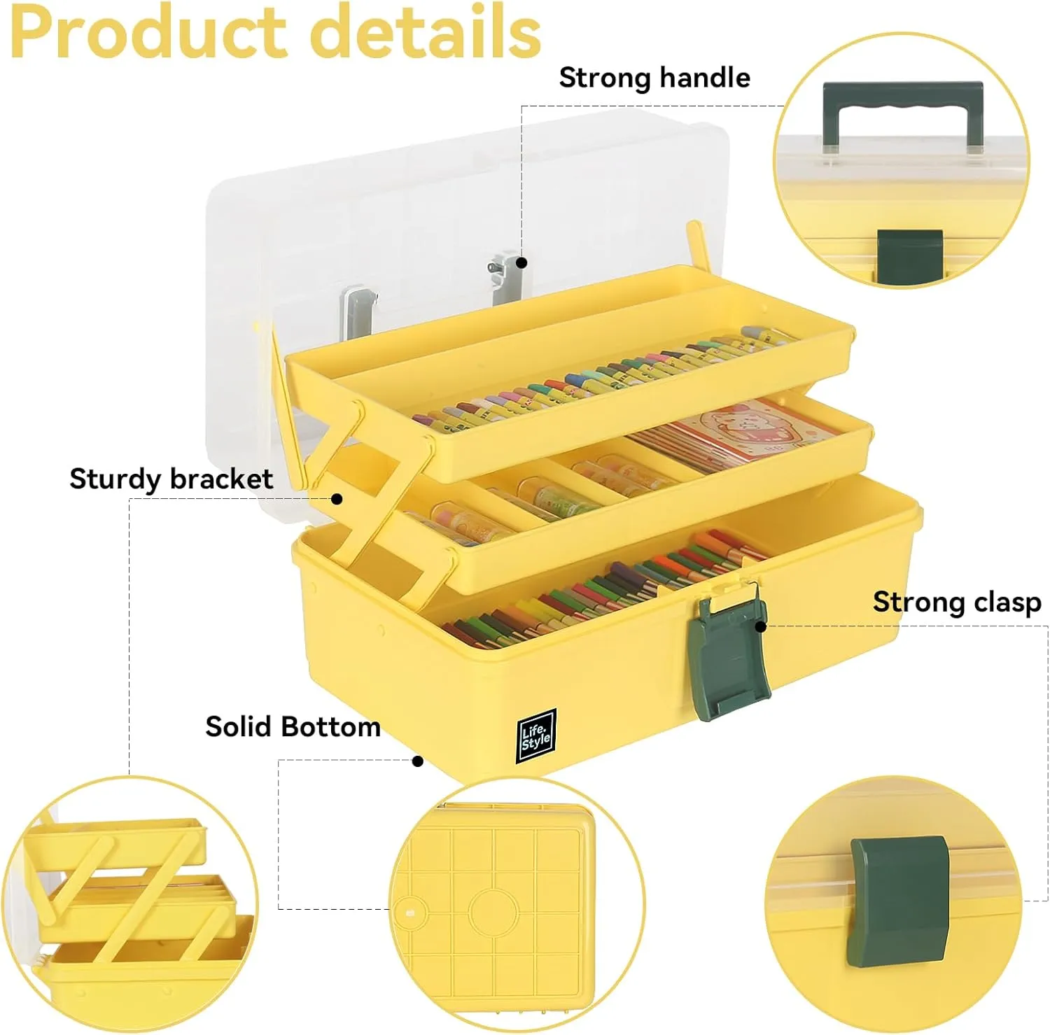 WEWLINE 13-Inch Art Box Sewing Storage Organizer 3-Layers Craft Storage Organizer with Handle Plastic Storage Boxes Organizers for Kids Student Artist,Yellow
