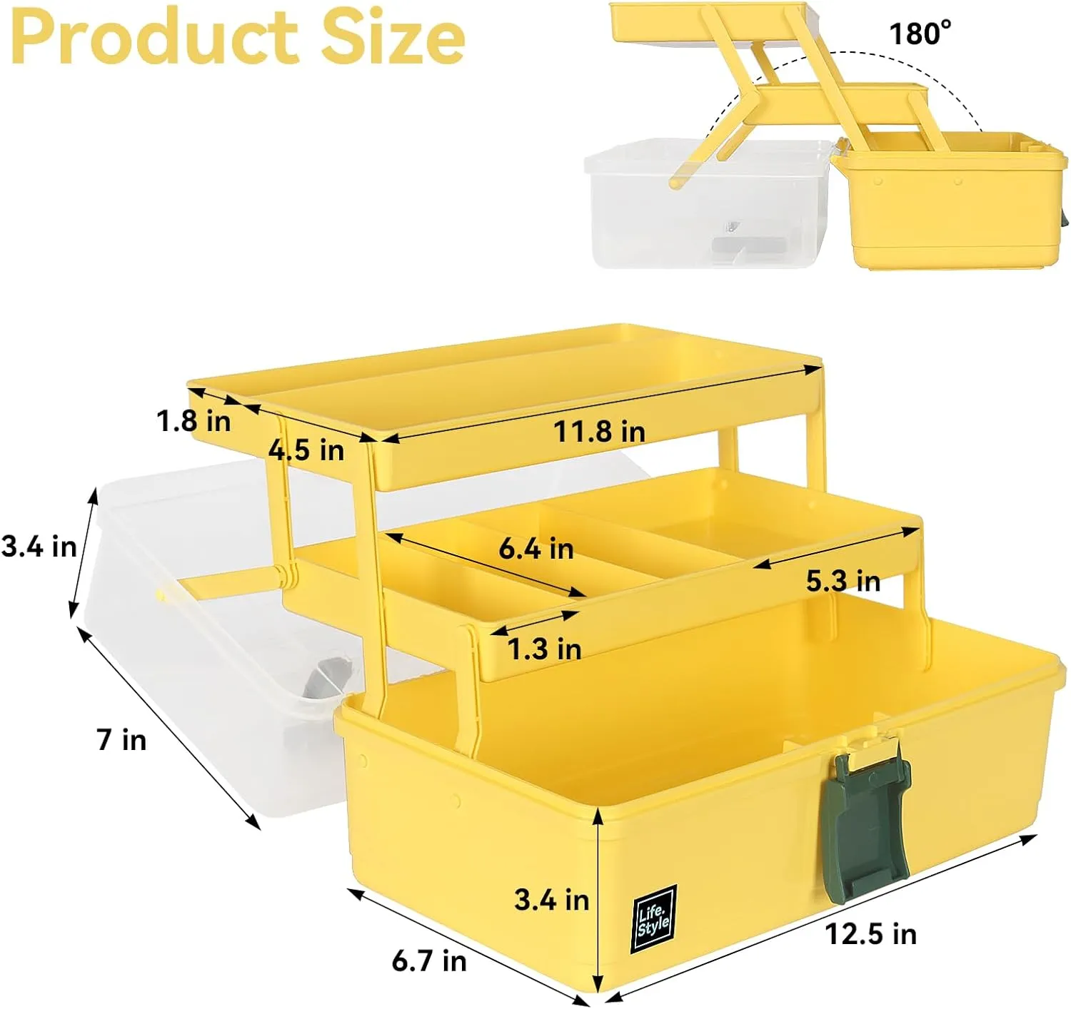 WEWLINE 13-Inch Art Box Sewing Storage Organizer 3-Layers Craft Storage Organizer with Handle Plastic Storage Boxes Organizers for Kids Student Artist,Yellow