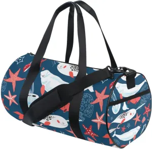 White Sea Whales Jellyfish Red Starfishes Fishes on Dark Blue Duffel Bag, Foldable Canvas Travel Tote for Gym Sports with Inner Pockets, Durable Lightweight Fitness Bag for Overnight Workout